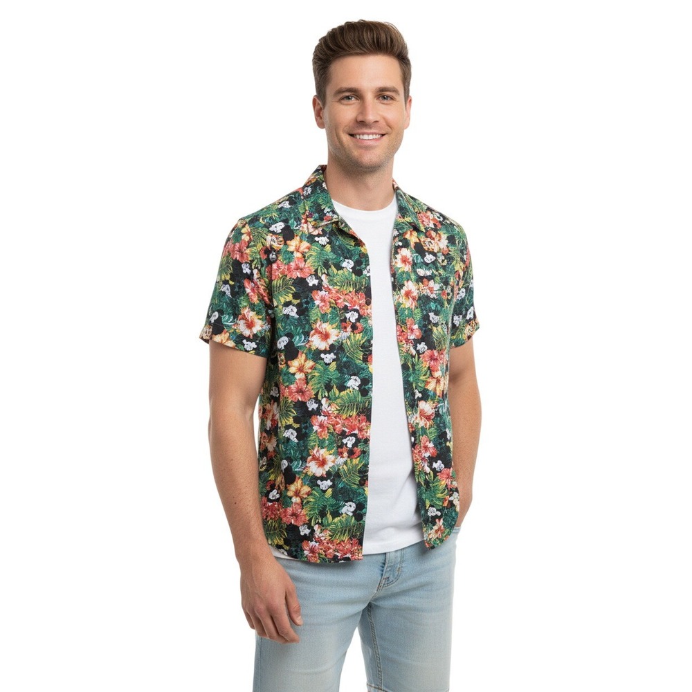 Disney Mickey Mouse Hawaiian Shirt Men M Floral Tropical Aloha Button‎ Up Cotton